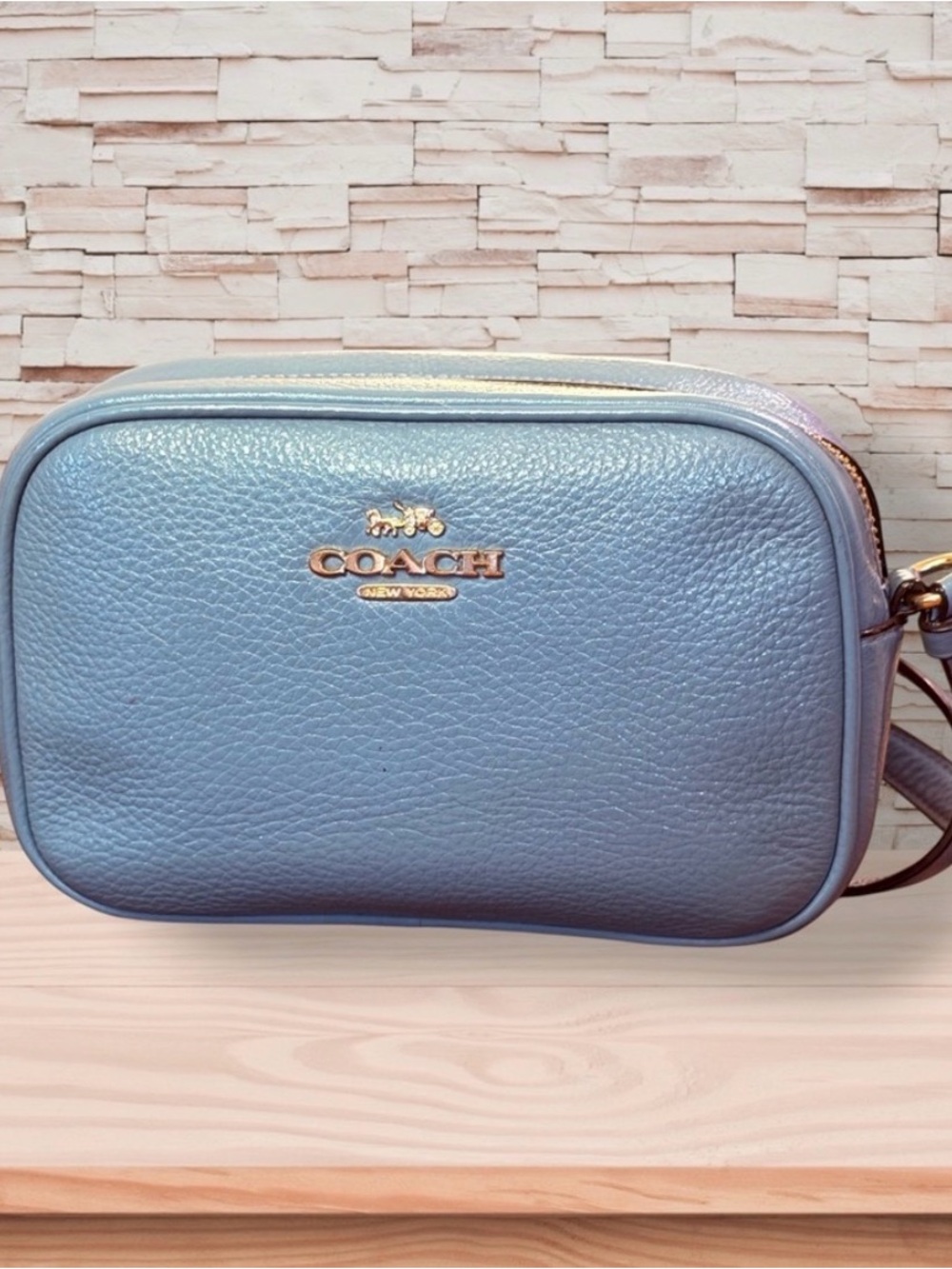 Coach Light Blue Pebbled Leather Crossbody Camera Bag